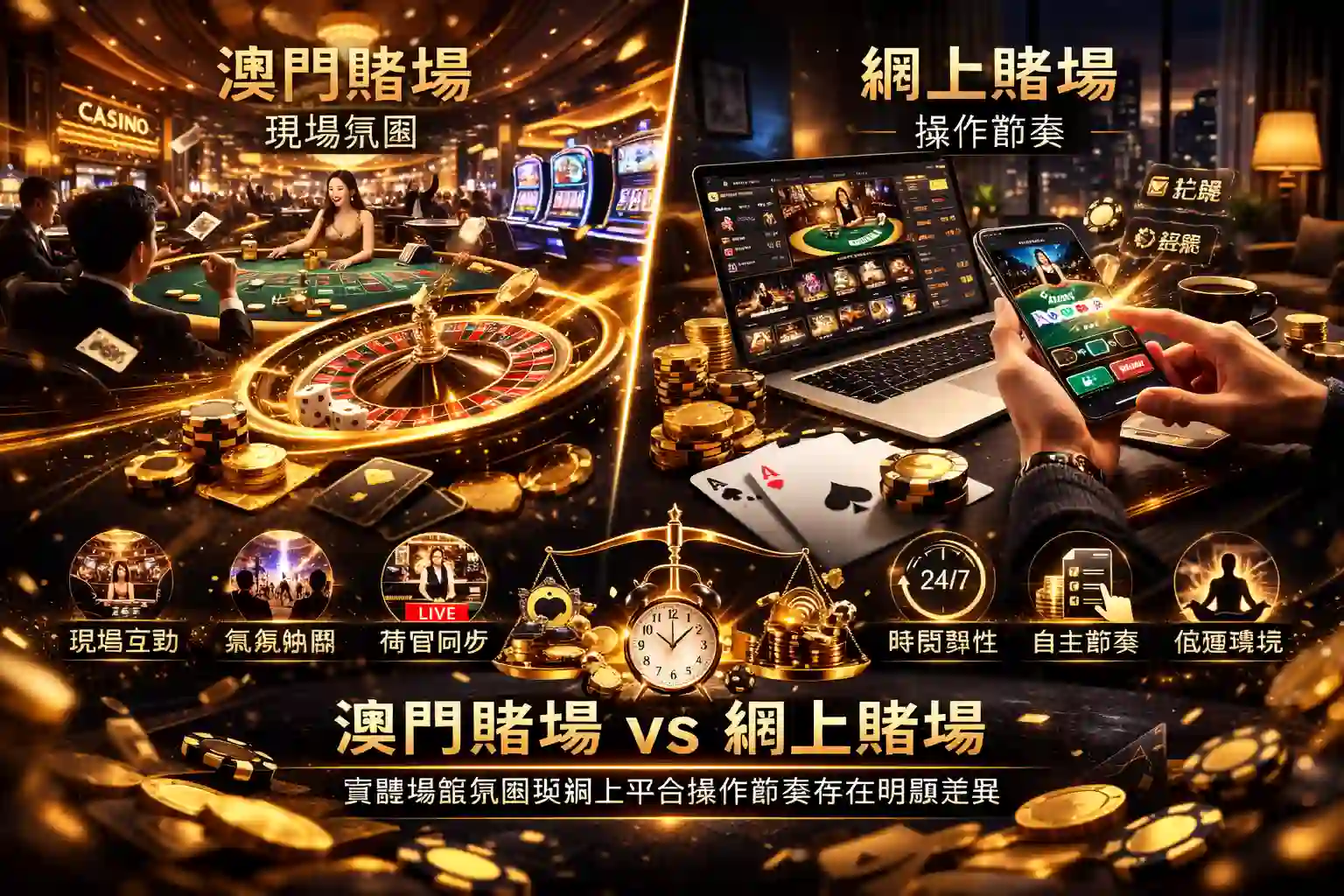 澳門賭場現場氛圍與網上賭場操作節奏對比示意圖