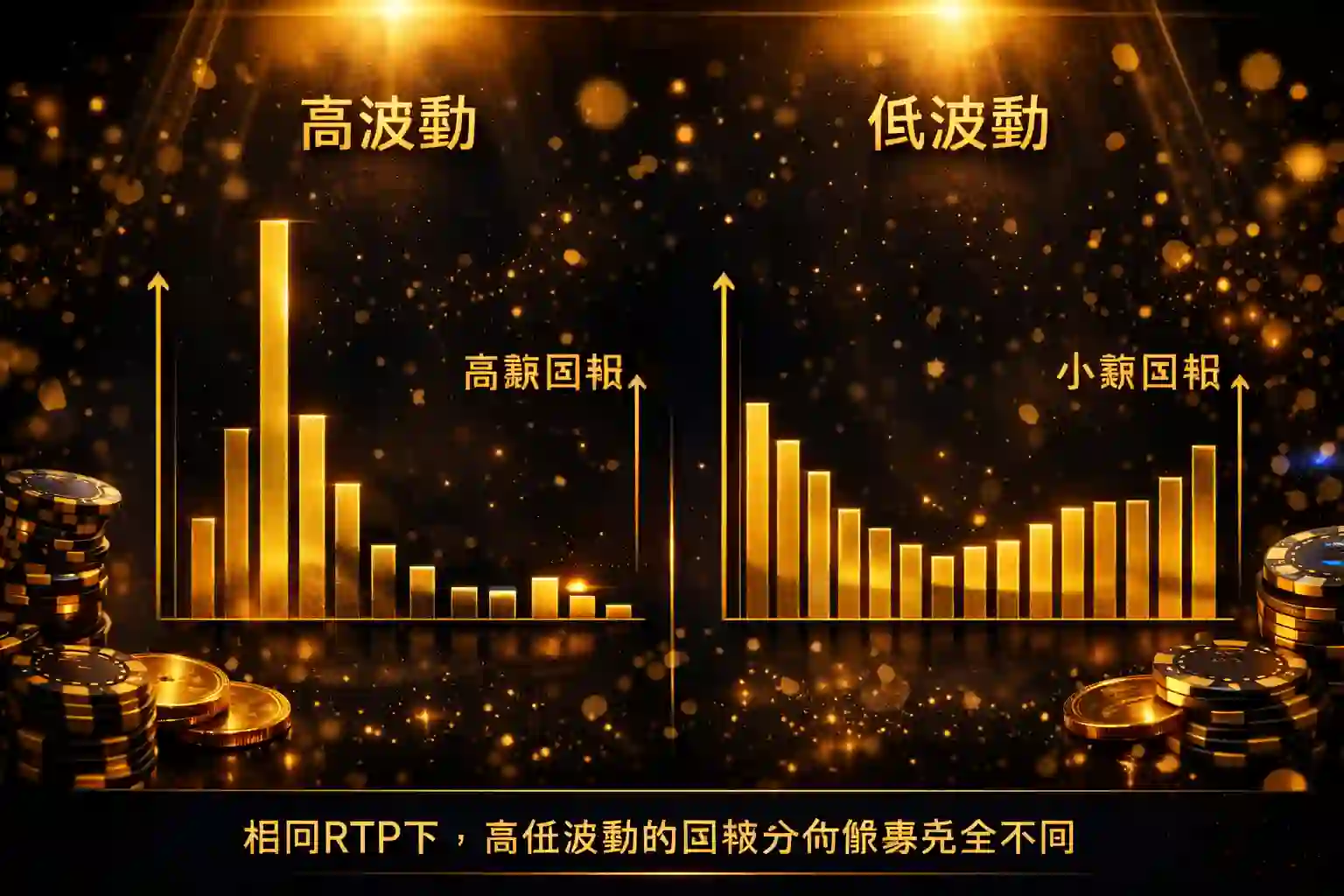 高波動與低波動老虎機回報分佈示意圖